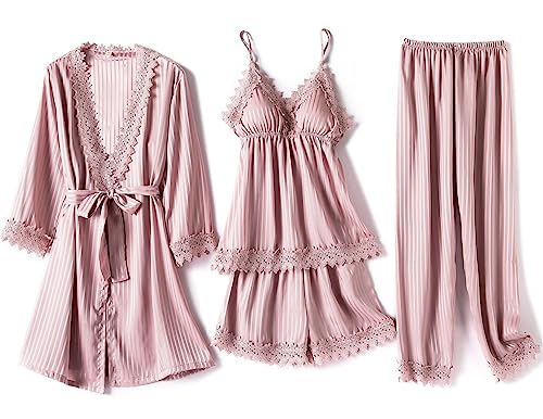 Laura Lily - Damen-Pyjamas aus seidig gestreiftem Satin, mit Spitze, 4-teiliges Set, Pink L40 von Laura in