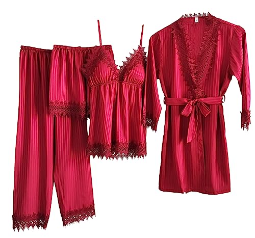 Laura Lily - Damen-Pyjamas aus seidig gestreiftem Satin, mit Spitze, 4-teiliges Set, Rot L40 von Laura Lily