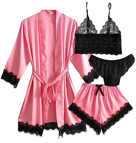 Laura Lily - Damen-Schlafanzug Pyjama aus Satin, mit sexy schwarzer Spitze, 4-teilig, Bademantel, Top-Bralette, Höschen und Shorts. Elegant und bequem. Rosa M von Laura in