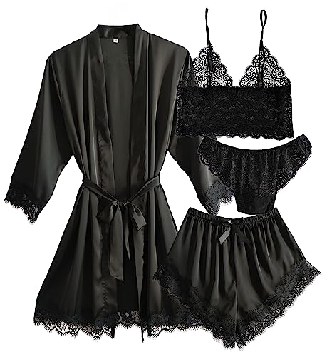 Laura Lily - Damen-Schlafanzug Pyjama aus Satin, mit sexy schwarzer Spitze, 4-teilig, Bademantel, Top-Bralette, Höschen und Shorts. Elegant und bequem. Schwarz L von Laura in