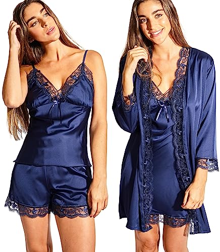 Laura Lily - Damen-Schlafanzug aus Satin, mit Spitze, 5-teilig, Bademantel, Pyjama Nachthemd, Oberteil, Hose und Shorts. Weich und elegant.Blau L 40, 1106 von Laura Lily