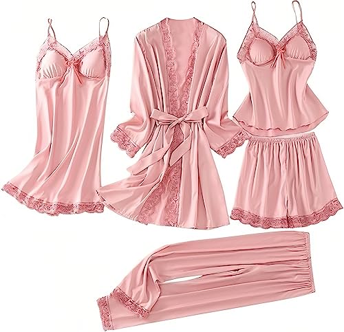 Laura Lily - Damen-Schlafanzug aus Satin, mit Spitze, 5-teilig, Bademantel, Pyjama Nachthemd, Oberteil, Hose und Shorts. Weich und elegant.Rosa L 40 von Laura Lily