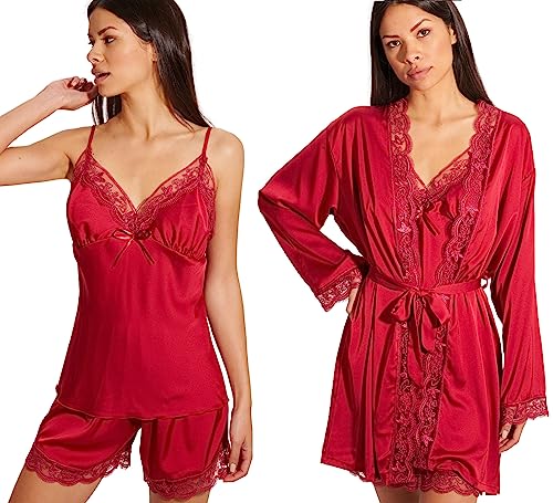 Laura Lily - Damen-Schlafanzug aus Satin, mit Spitze, 5-teilig, Bademantel, Pyjama Nachthemd, Oberteil, Hose und Shorts. Weich und elegant.Rot M 38, 1106 von Laura Lily