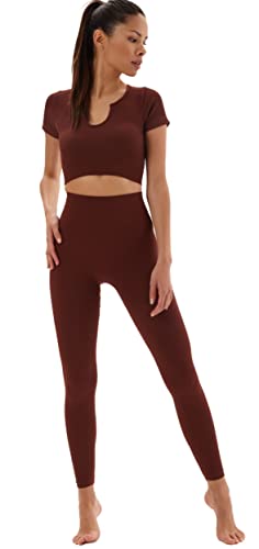 Laura Lily - Nahtlose Rippstrick-Sportbekleidung für Damen mit hoher Taille und Fitness-T-Shirt für Yoga und Gym., Cuev Kaffee, 36 von Laura Lily