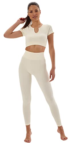 Laura Lily - Nahtlose Rippstrick-Sportbekleidung für Damen mit hoher Taille und Fitness-T-Shirt für Yoga und Gym., Weiß, 42 von Laura Lily