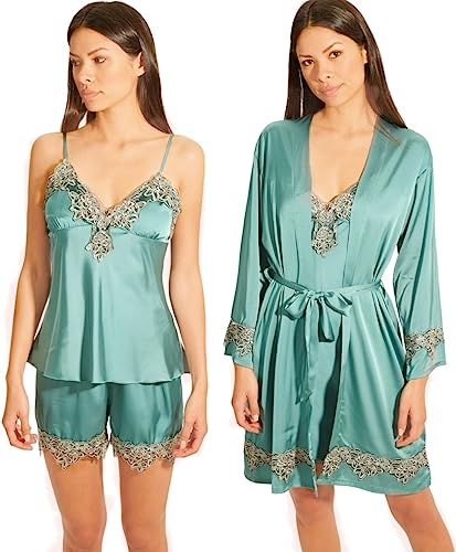 Laura in - Pyjama Damen Schlafanzug aus Satin Seidig einfarbig mit Spitze, 5-teiliges Set Kimono-Bademantel Top Nachthemd Shorts und Lange Hosen-Grün-L-1103 von Laura in