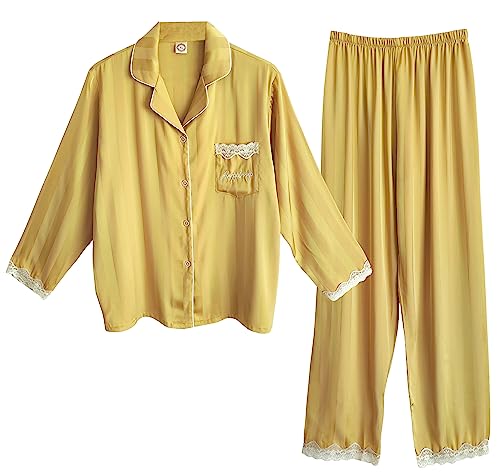 Laura Lily - Set aus 2 Stück Satin-Schlafanzügen für Damen, Pyjama Knopfhemd mit Tasche und Lange Hosen gestreift mit Spitze. Sehr weich mit angenehmer Haptik. Gelb L 40 von Laura Lily