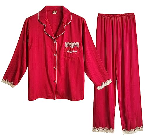 Laura Lily - Set aus 2 Stück Satin-Schlafanzügen für Damen, Pyjama Knopfhemd mit Tasche und Lange Hosen gestreift mit Spitze. Sehr weich mit angenehmer Haptik. Rot M 38 von Laura Lily