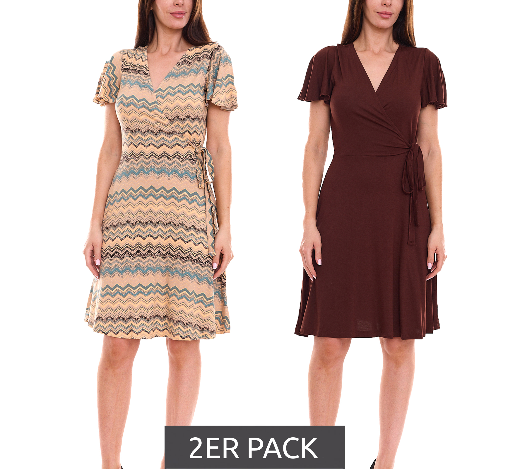 2er Pack Laura Scott Damen Wickel-Kleid schicke Mini-Kleid mit Allover Zacken-Muster 61595346 Braun/Bunt von Laura Scott