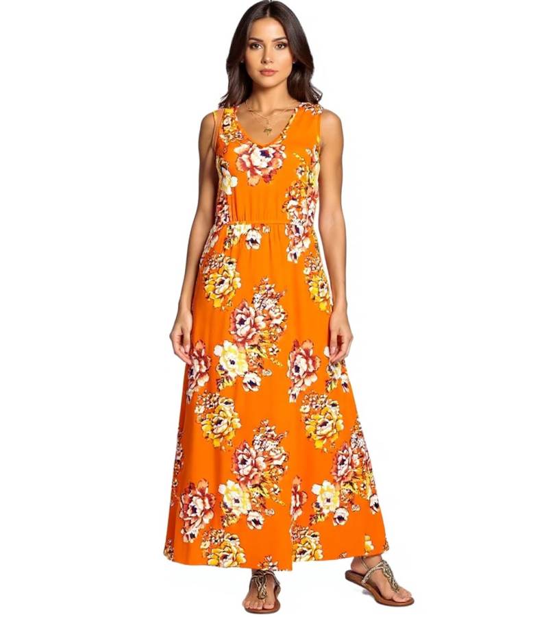 Laura Scott Damen Midi-Kleid ärmelloses Sommerkleid mit Blumendruck Strand-Kleid 94523917 Orange von Laura Scott