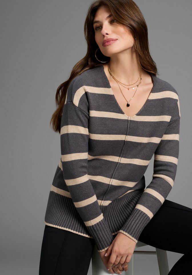 Laura Scott Streifenpullover softer Übergangsstrick mit V-Ausschnitt in lässiger Passform von Laura Scott