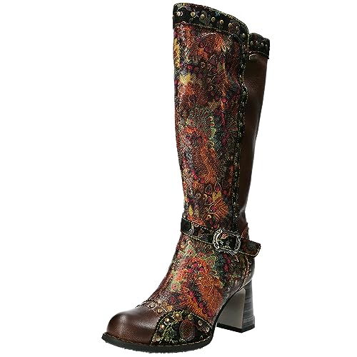 Laura Vita Damen Leder Stiefel Langschaft Design floral Nieten modisch Maeleo 06, Größe:37 EU, Farbe:Braun von Laura Vita