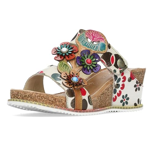 Laura Vita Damen Pantolette Keilabsatz Klettverschluss Blumen Bonito 224, Größe:39 EU, Farbe:Beige von Laura Vita