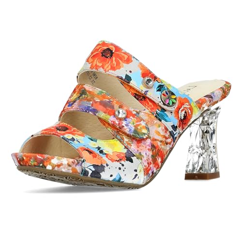 Laura Vita Damen Pantolette Leder Blumen Muster Strass Klettverschluss NINO 03, Größe:39 EU, Farbe:Orange von Laura Vita