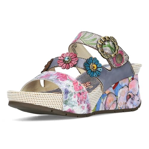 Laura Vita Damen Pantolette Leder florales Muster und Blütenapplikation Barry 30, Größe:38 EU, Farbe:Grau von Laura Vita