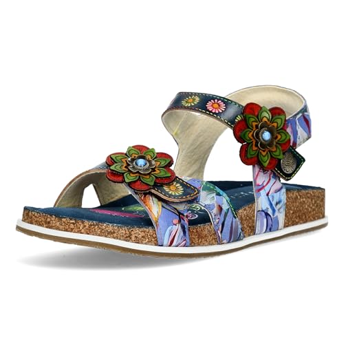 Laura Vita Damen Sandale Leder mit Blumenmuster und Blütenapplikation Brcyano 12, Größe:39 EU, Farbe:Blau von Laura Vita