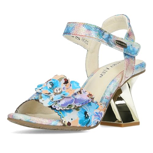 Laura Vita Damen Sandalette Blüte High Heel Klettverschluss Hacsio 06, Größe:39 EU, Farbe:Blau von Laura Vita