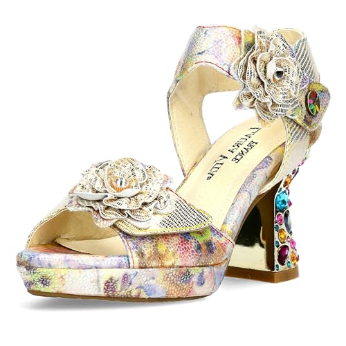 Laura Vita Damen Sandalette Blüte High Heel Klettverschluss Strass Hicao 624, Größe:39 EU, Farbe:Gold von Laura Vita