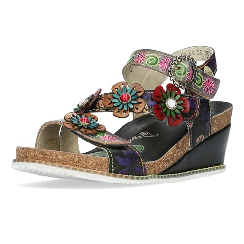 Laura Vita Damen Sandalette Blumen Keilabsatz Leder Bonito 524, Größe:39 EU, Farbe:Schwarz von Laura Vita