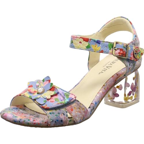 Laura Vita Damen Sandalette Framboise aus Echtleder mit Blumen und durchsichtigem Blockabsatz. blau Gr. 37 Laura Vita Damen Sandalette Framboise aus Echtleder mit Blumen und durchsichtigem Blockabsatz. blau Gr. 37 von Laura Vita