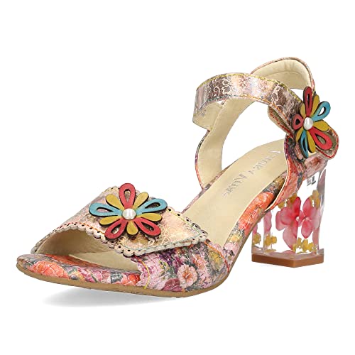 Laura Vita Damen Sandalette Leder Blumen Muster floral Klettverschluss LUCIEO 13, Größe:38 EU, Farbe:Rosa von Laura Vita