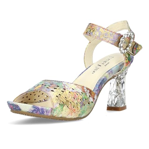 Laura Vita Damen Sandalette Leder Metallic Strass Cutouts Blumen Muster NINO 01, Größe:39 EU, Farbe:Gelb von Laura Vita