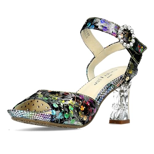 Laura Vita Damen Sandalette Leder Metallic Strass Cutouts Blumen Muster NINO 01, Größe:39 EU, Farbe:Schwarz von Laura Vita