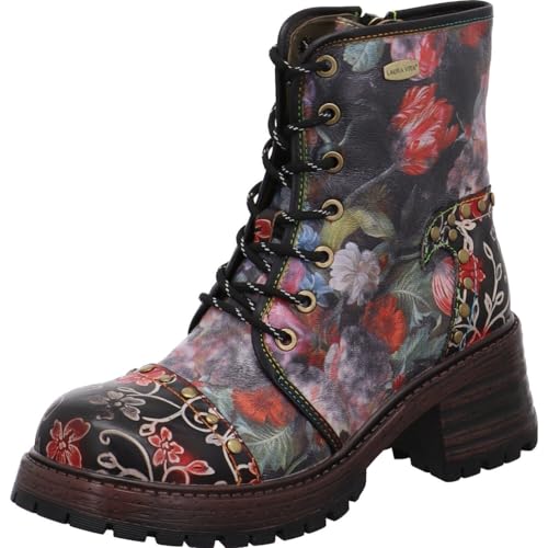 Laura Vita Damen Schnürboots Kleo 03 mit Blumen Print auf Echtleder und massiven Blockabsatz. schwarz Gr. 40 von Laura Vita