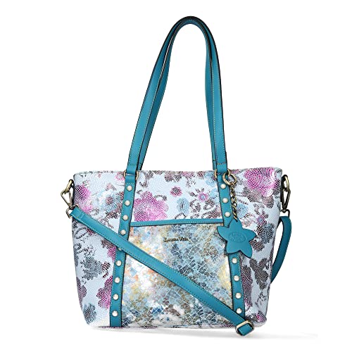 Laura Vita Damen Shopper Henkeltasche Handtasche Perlen Blumen Blüte Trend Athea, Farbe:Blau von Laura Vita