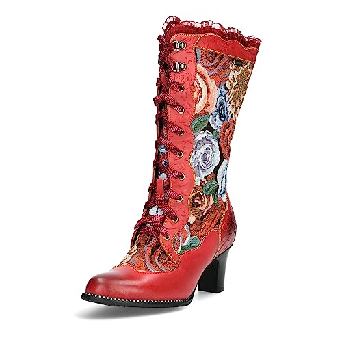 Laura Vita Damen Stiefel Blumen Spitze Nieten Blockabsatz Elcodieo 1323, Größe:38 EU, Farbe:Rot von Laura Vita