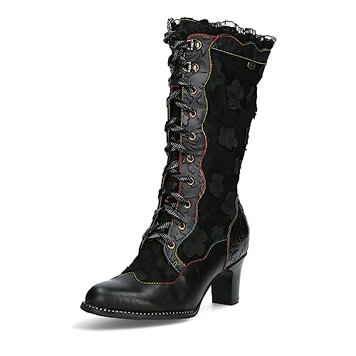 Laura Vita Damen Stiefel Blumen Spitze Nieten Blockabsatz Elcodieo 1323, Größe:40 EU, Farbe:Schwarz von Laura Vita