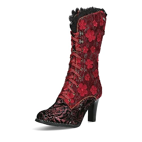 Laura Vita Damen Stiefel Blumen Spitze Trichterabsatz Alcbaneo 351, Größe:38 EU, Farbe:Rot von Laura Vita