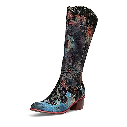 Laura Vita Damen Stiefel Cowboy Boot floral Blumen Muster Karree Gecaio 14, Größe:37 EU, Farbe:Blau von Laura Vita