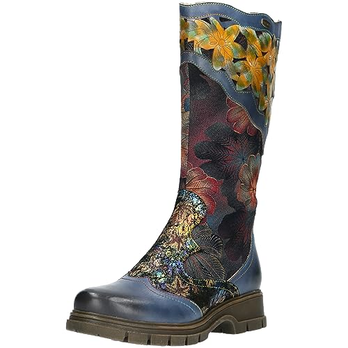 Laura Vita Damen Stiefel Langschaft Leder Blumen Federn Wellen modisch Kaelao 11, Größe:42 EU, Farbe:Blau von Laura Vita