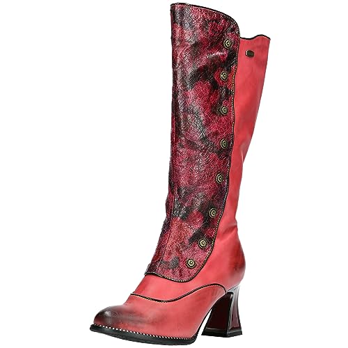 Laura Vita Damen Stiefel Langschaft Leder Nieten Reißverschluss Absatz Jacbo 09, Größe:39 EU, Farbe:Rot von Laura Vita