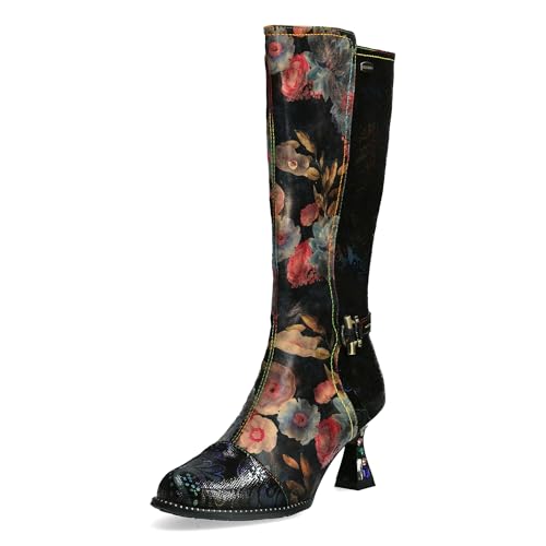 Laura Vita Damen Stiefel Leder Langschaft Blumen Zierriemen Cap Toe Oliveo 02, Größe:41 EU, Farbe:Mehrfarbig von Laura Vita