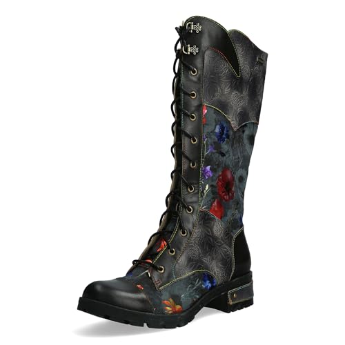 Laura Vita Damen Stiefel flach Leder mit Blumenmuster Cocrailo 63, Größe:38 EU, Farbe:Schwarz von Laura Vita