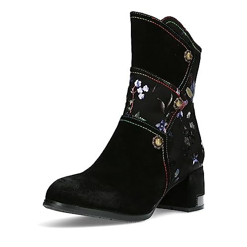 Laura Vita Damen Stiefelette Ankle Boot Blumen Muster Nieten Gycroo 10, Größe:39 EU, Farbe:Schwarz von Laura Vita