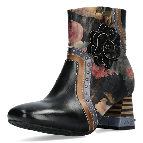 Laura Vita Damen Stiefelette Blumenmuster Nieten und Blütenapplikation Talao 02, Größe:37 EU, Farbe:Schwarz von Laura Vita