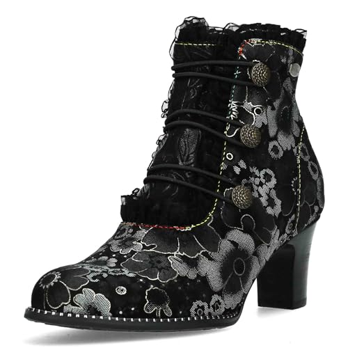 Laura Vita Damen Stiefelette Blumenmuster Rüschen Florale Knöpfe Elcodieo 224, Größe:40 EU, Farbe:Schwarz von Laura Vita
