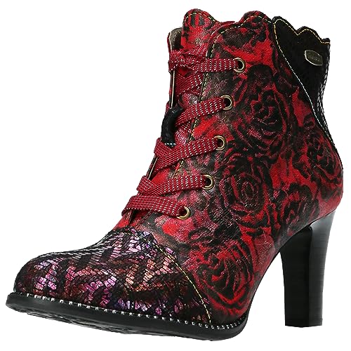 Laura Vita Damen Stiefelette Leder Block Trichter Absatz Blumen Alcbaneo 127, Größe:37 EU, Farbe:Rot von Laura Vita