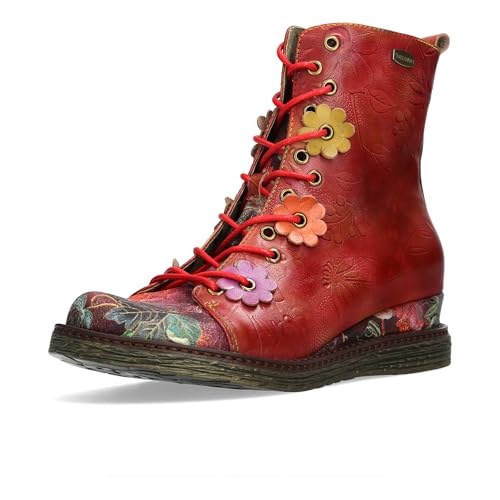 Laura Vita Damen Stiefelette Leder Blütenapplikation Keilabsatz Ercnaulto 212, Größe:38 EU, Farbe:Rot von Laura Vita