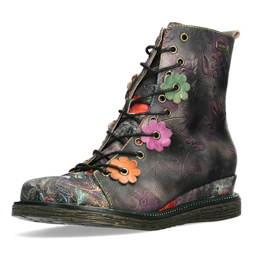 Laura Vita Damen Stiefelette Leder Blütenapplikation Keilabsatz Ercnaulto 212, Größe:39 EU, Farbe:Violett von Laura Vita