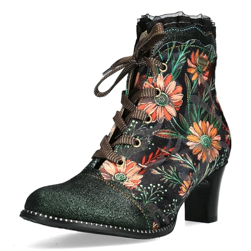 Laura Vita Damen Stiefelette Leder Blumenmuster Cap Toe und Rüschen Elcodieo 24, Größe:37 EU, Farbe:Grün von Laura Vita