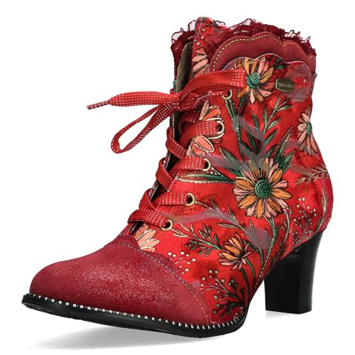 Laura Vita Damen Stiefelette Leder Blumenmuster Cap Toe und Rüschen Elcodieo 24, Größe:40 EU, Farbe:Rot von Laura Vita