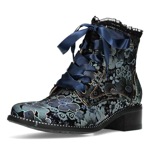 Laura Vita Damen Stiefelette Leder Blumenmuster Satinband Schnürsenkel Emcmao 45, Größe:37 EU, Farbe:Blau von Laura Vita