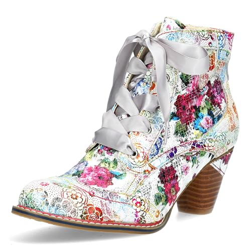 Laura Vita Damen Stiefelette Leder Blumenmuster Trichterabsatz Alcizeeo 01, Größe:38 EU, Farbe:Grün von Laura Vita