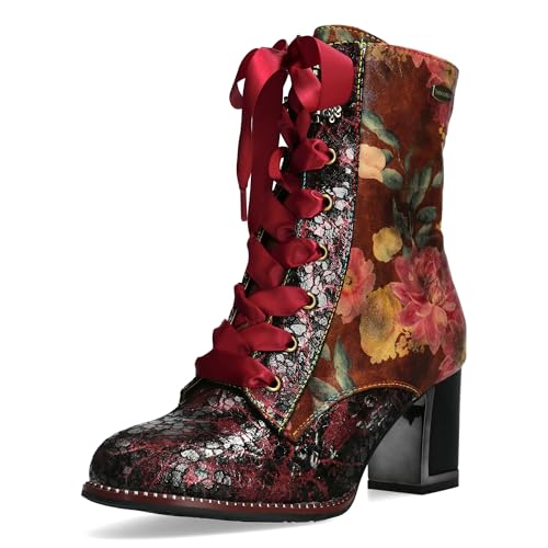 Laura Vita Damen Stiefelette Leder Schlangenoptik Blumenmuster Kacio 07, Größe:39 EU, Farbe:Rot von Laura Vita