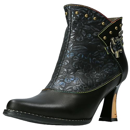 Laura Vita Damen Stiefelette Leder Struktur Muster Blumen Trend Absatz Oanelo 01, Größe:39 EU, Farbe:Schwarz von Laura Vita