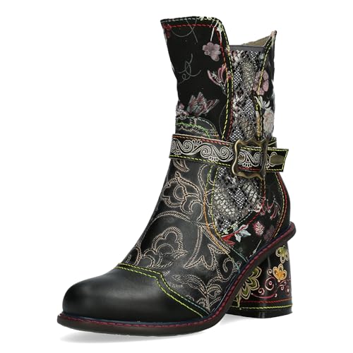Laura Vita Damen Stiefelette Leder florales Muster Animalprint Schnalle Evcao 82, Größe:38 EU, Farbe:Schwarz von Laura Vita